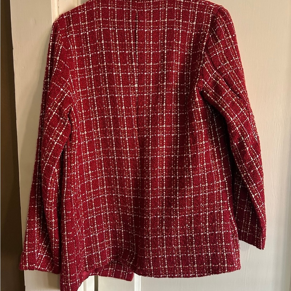 PLM Red Tweed Plaid Double-Breasted Gold Foil Blazer Size Med - Picture 4 of 6